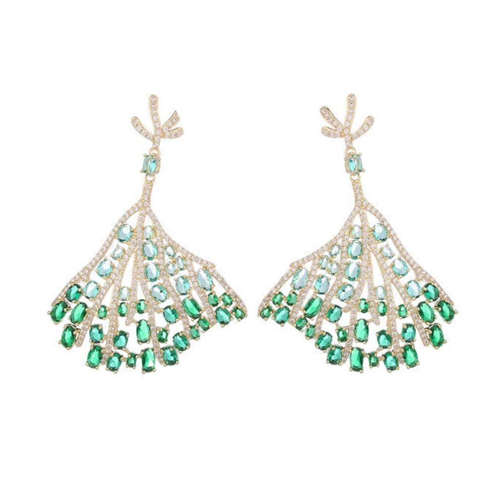 S&S Green CZ Oversized Tree Leaf Dangle Drop Earrings – 18K Gold Plated – Collection