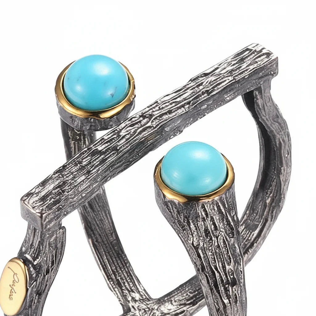 Fancy Design Turquoise 925 Sterling Silver Ring with Gold Plated