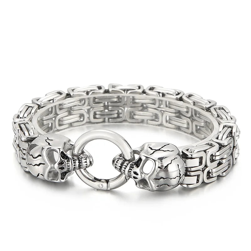 KALEN Mens 230mm Punk Stainless Steel Skull Charm Byzantine Link Bracelet