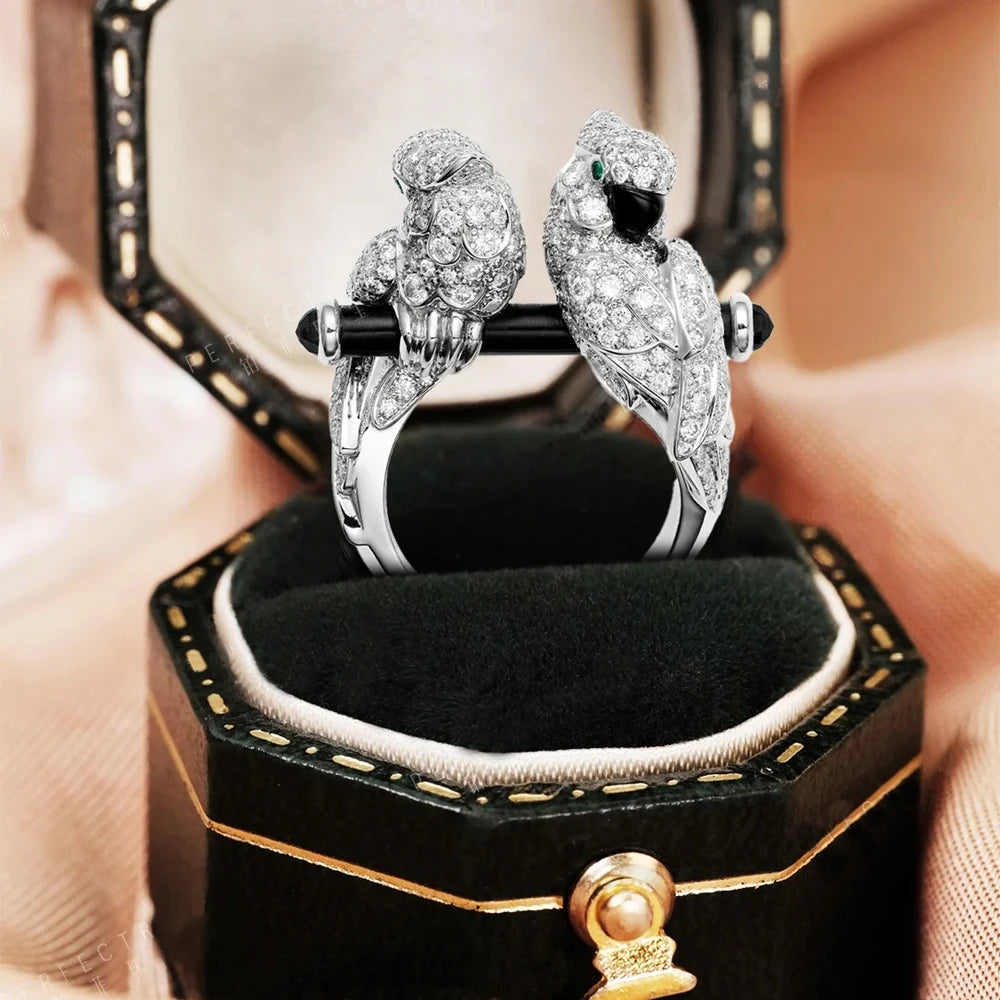 MuShan Jewelry Factory 925 Sterling Silver Gold Plated Ring High Carbon Diamond Double Headed Parrot Ring High End Accessory