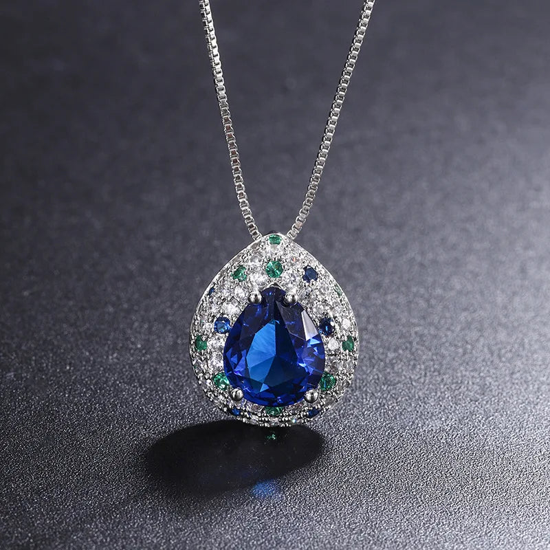 Fashion Eco-friendly Copper Pear Cut 10*12MM Water Drop Blue Pendant Earrings Ring Set Water Drop Jewelry Set for Women