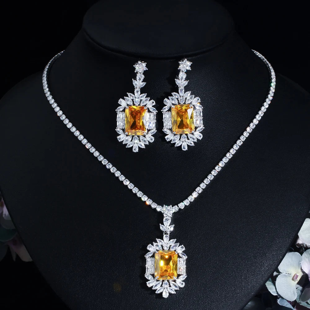 Women Quality Big Chic Yellow Cubic Zirconia Stone Wedding Tennis Necklace and Drop Earrings for Bridal Jewelry Set Accessories