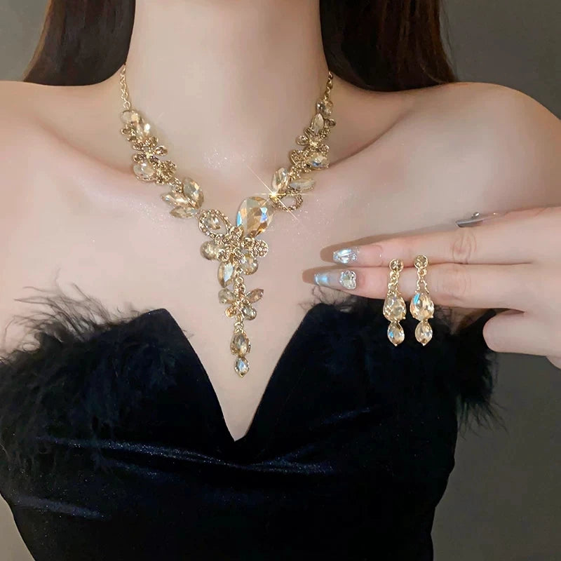 XM S385 Gold Plated Marquise Cut Champagne Zircon Floral Teardrop Pendant Necklace & Drop Earrings Set