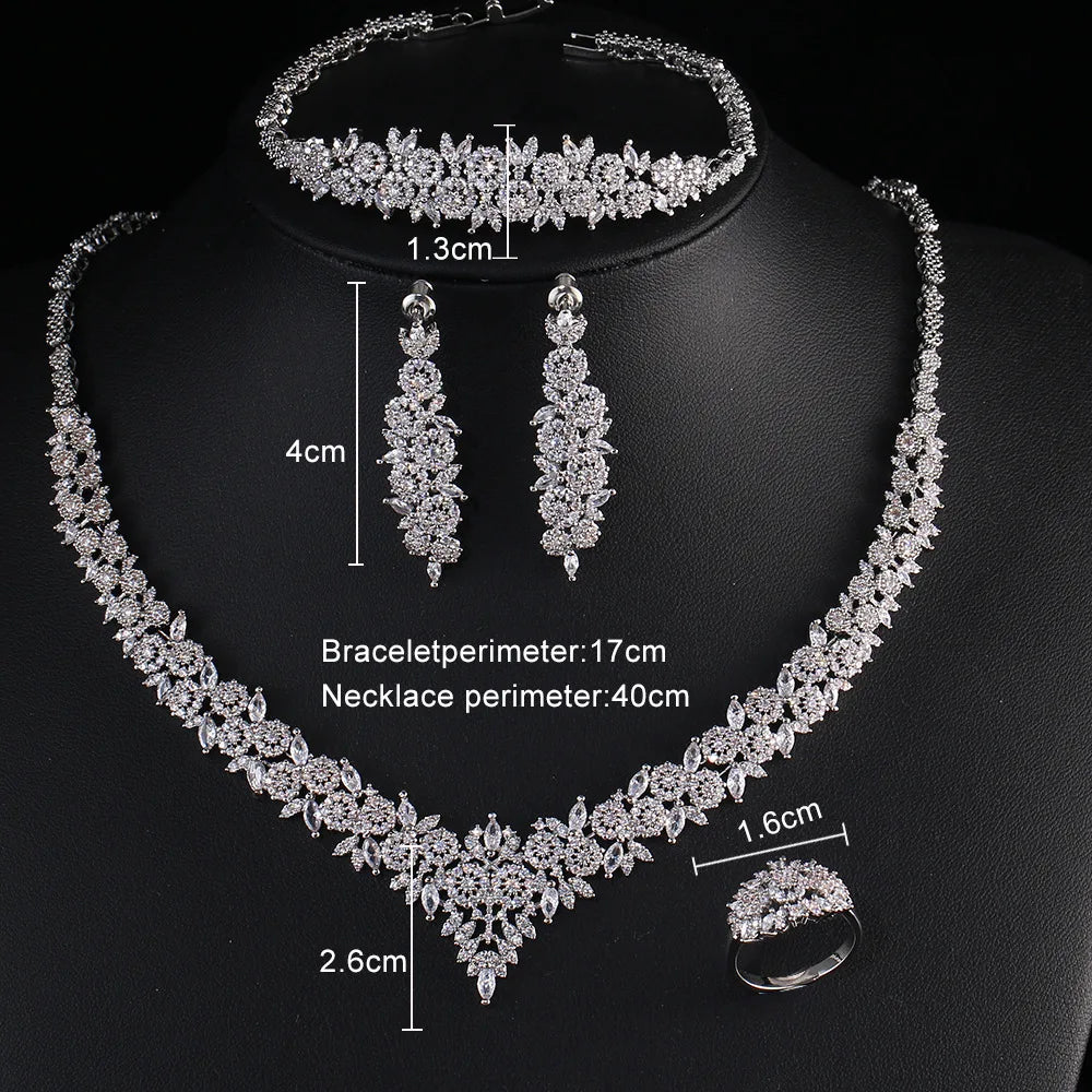 Luxury Round Brilliant Zirconia Exquisite 4-Piece Geometric Romantic Bridal Set — Rhodium Plated