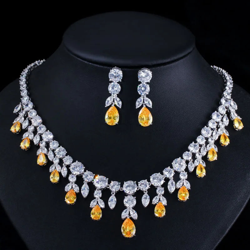 Luxury Dark Blue Women Wedding Party Dress Jewellery Big Dangle Drop Bridal CZ Necklace Earrings Jewelry Sets