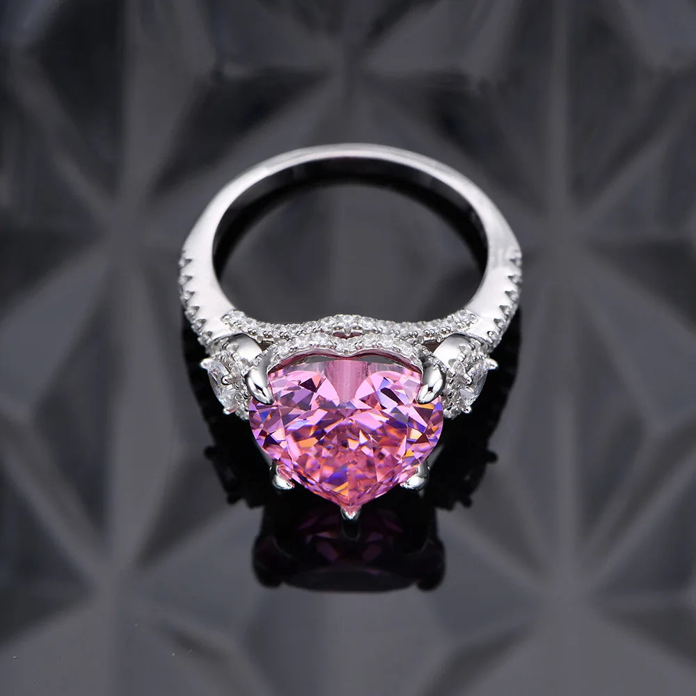MuShan Jewelry Factory Precision Inlaid Heart Shaped 12 * 12mm pink Diamond 925 Silver High Carbon Diamond Ring for Women