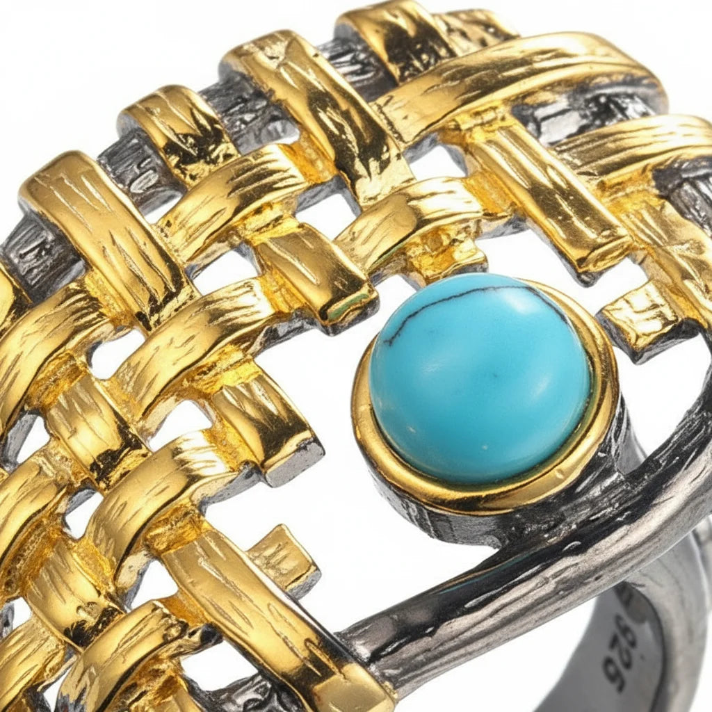 OEM/ODM Handmade 925 Sterling Silver Synthetic Turquoise Ring With Gold Plated Design