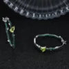 ArtistA C8212 Abiding Pear Cut Green Stone Peridot Gemstone 925 Sterling Silver Olive Branch Adjustable Ring Hoop Earrings Set