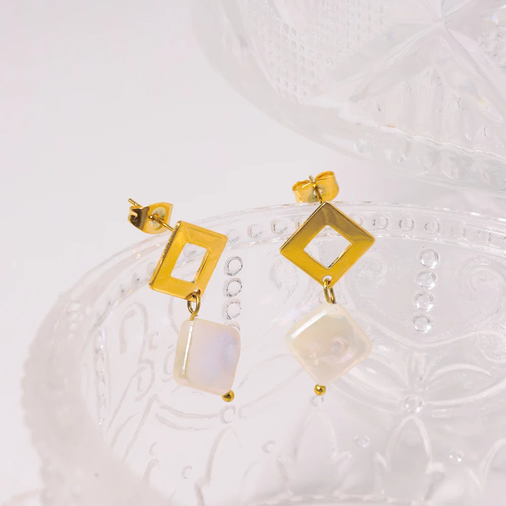 Smooth Hollow Diamond Shape Stainless Steel Drop Earrings for Women Natural Freshwater Pearls No Fade 18K Gold Plated Earring