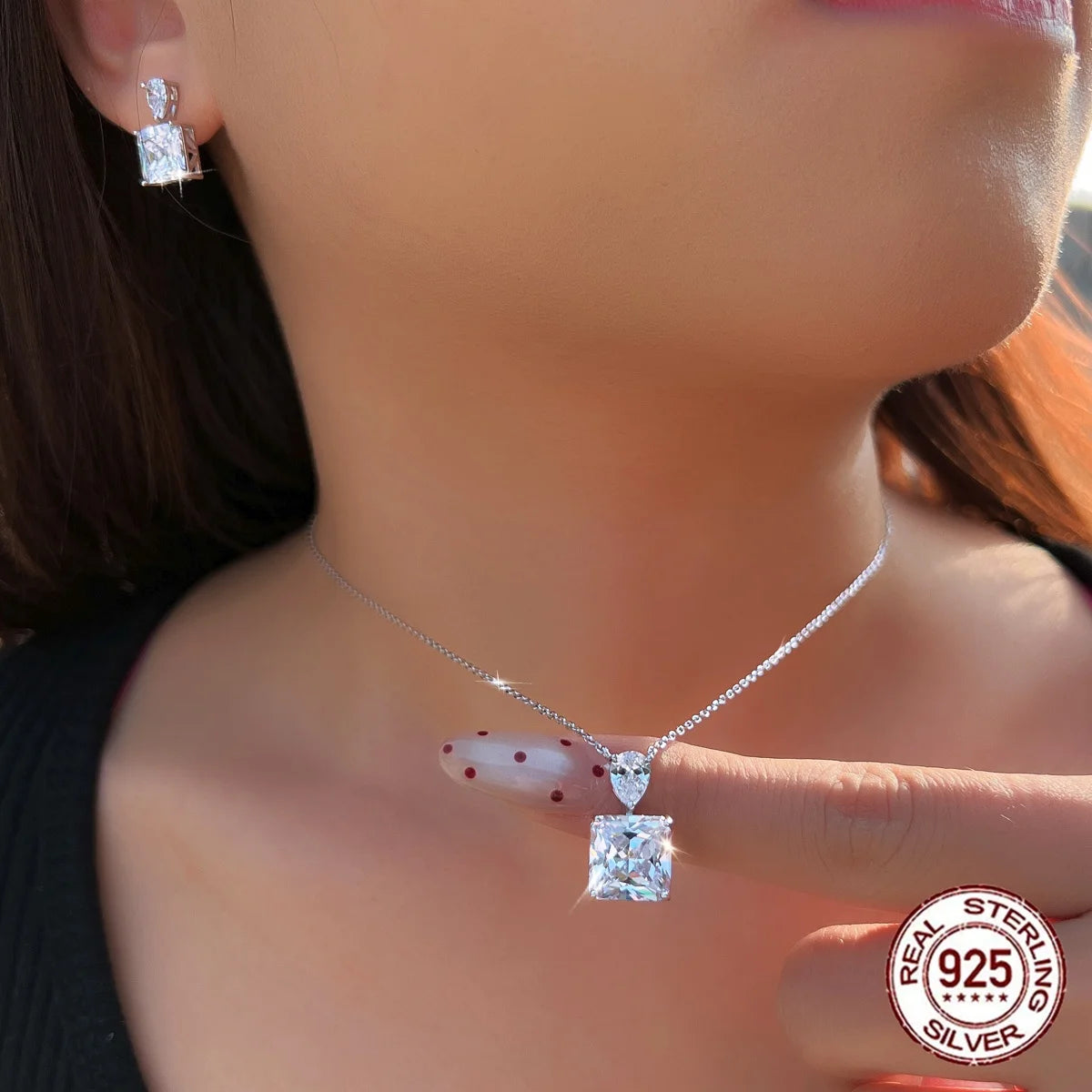 S925 Sterling Silver Sparkly 8A Ice-Flower Cut Cubic Zircon Pendant and Earrings Jewelry Set for Women Gift Daily Wear
