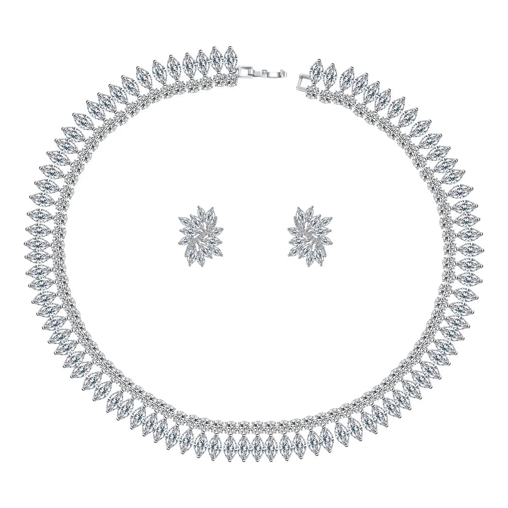 Sparking White Marquise Cut Cubic Zircon Choker Necklace and Earrings Wedding Bridal Super Luxury Jewelry Set for Women