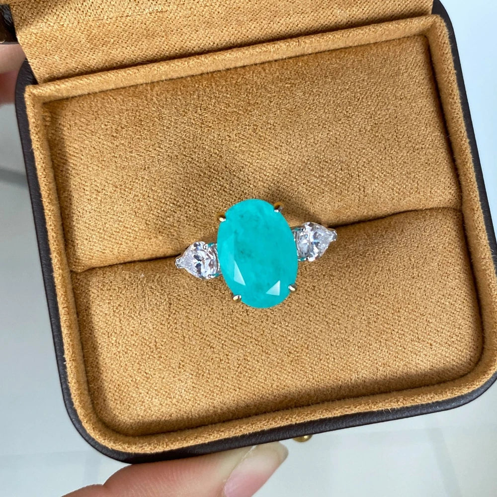 MuShan Jewelry Factory Blue Green Synthetic Paraiba 10*14 Ring in 5 Carat Silver Oval Shape Is Selling Well