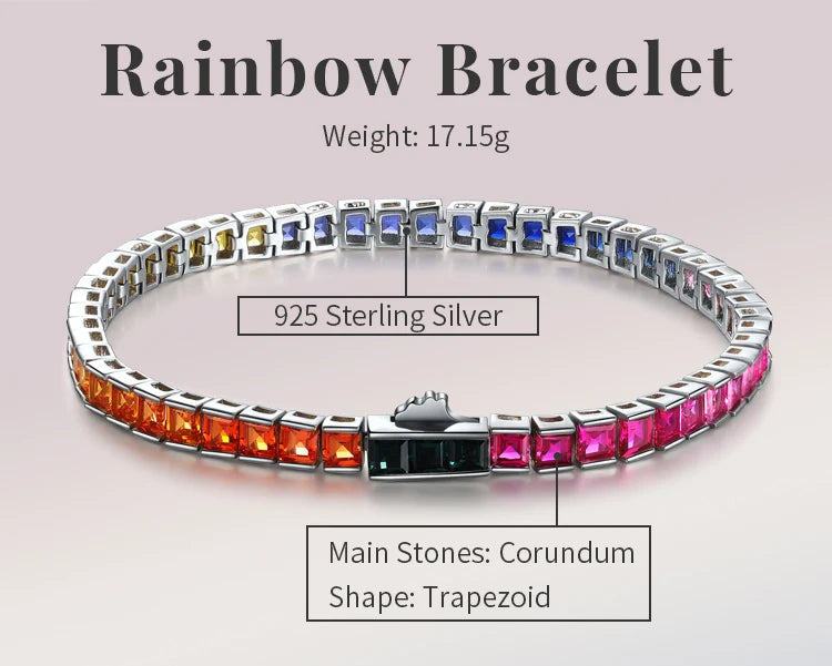 Gemfiori Anster Luxurious Rainbow Bracelets Bangle Multi Color Gemstone Bracelet 925 Sterling Silver Lab Grown Sapphire Chain for Women