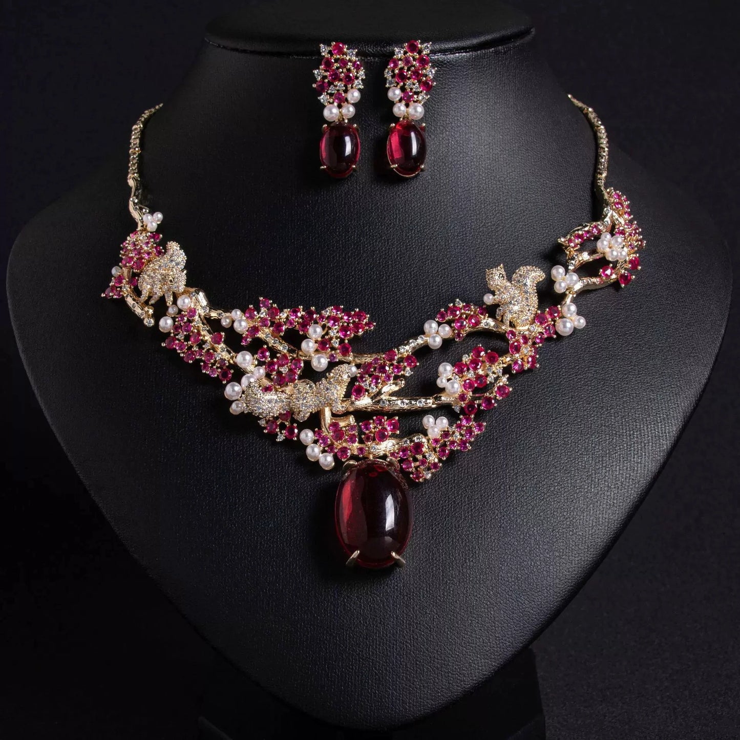 XM S300 Princess Cut Zircon & Pearl Floral Statement Necklace & Earrings Set