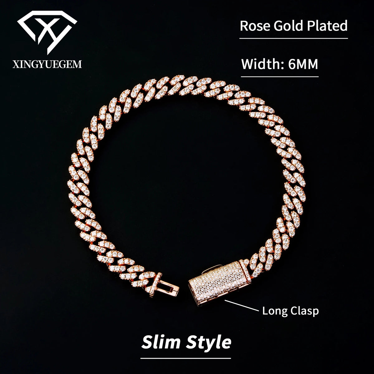 REBEL Spot Unisex Hiphop Jewelry 6mm Mossanite Diamond 18k Gold Plated 925 Silver Cuban Link Bracelet Moissanite for Men