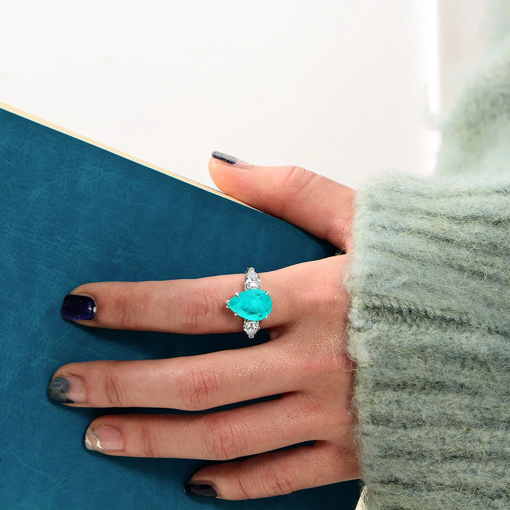 MuShan Jewelry Factory New Style of 10*14 Synthetic Paraiba Ring With Silver Plating and White Gold 6 Carats