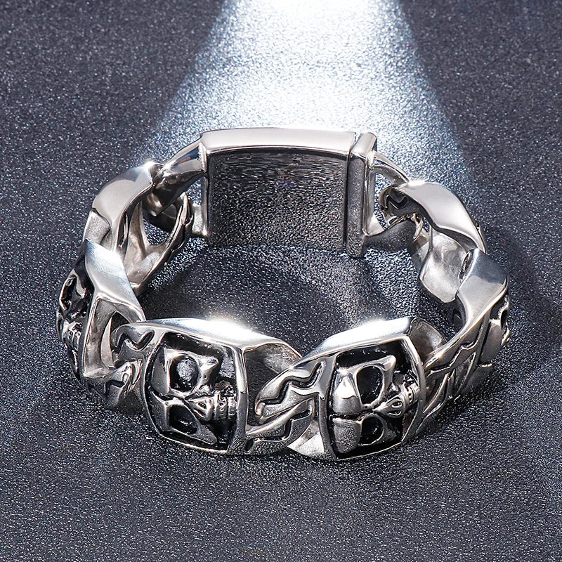 KALEN Mens Punk Style Fine Jewelry Fashion Bracelets Stainless Steel Bold Skull Links Bracelet