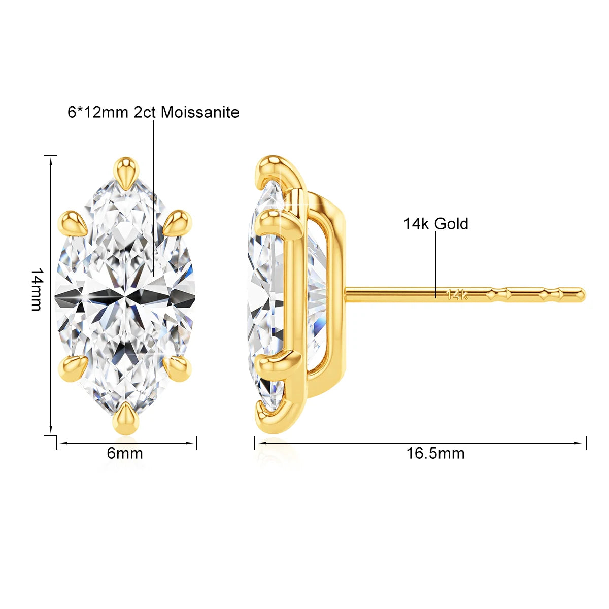 Gioiellieri Classic Luxury Jewellery 6 Prongs Woman Birthday Gift 14K Gold Marquise Cut Moissanite Diamond 0.5ct 1ct 2ct Stud Earrings