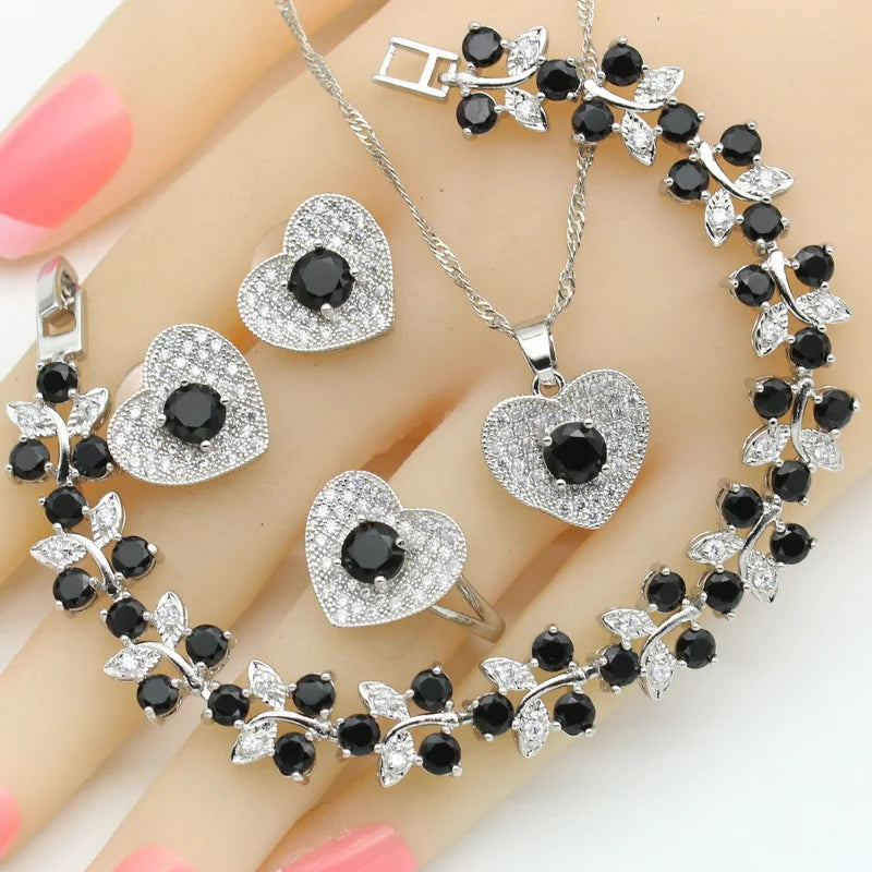 XOTICA Women's Silver Color Wedding Sets White Zirconia Heart-Shape Pendant Necklace Stud Earrings Rings for Parties Engagements