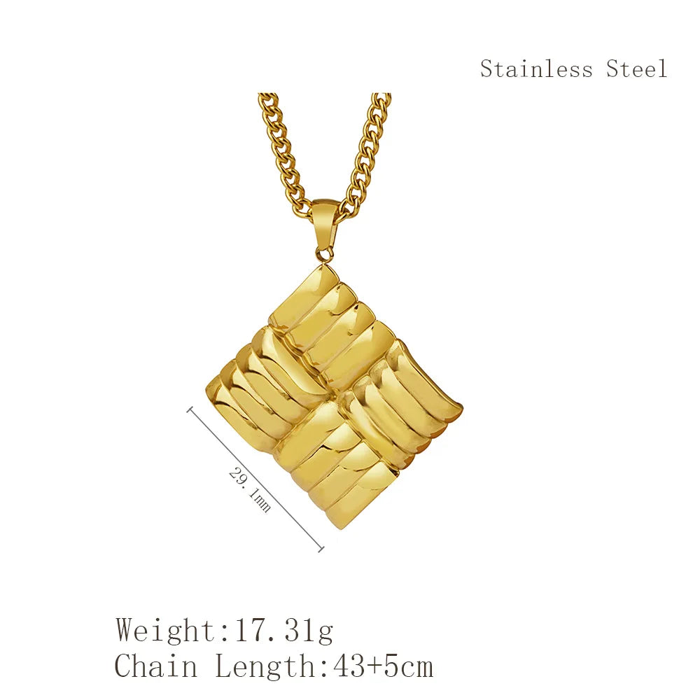 Geometric Square Necklace & Braided Drop Earrings | Retro Gold Plated Stainless Steel Fashion Jewellery