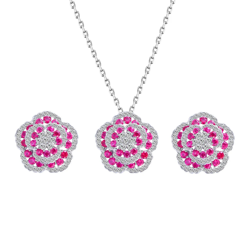 Elegant Flower Pendant Wedding Luxury Necklace and Earrings Full Zirconia Bridal Big Red Flower Shape Jewelry Set for Women