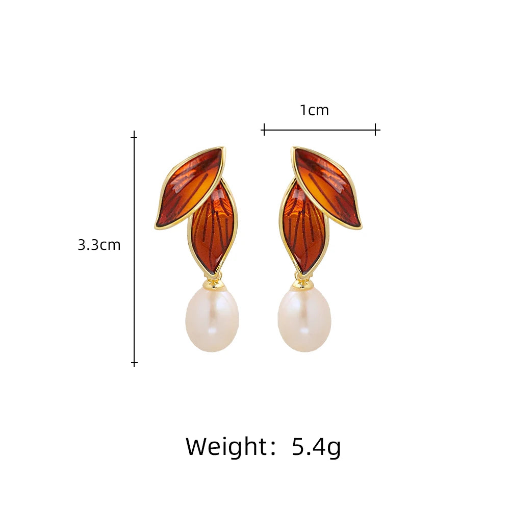 Natural Freshwater Pearl Red Double Leaf Earrings Korean Women's Luxury Jewelry Fashion Women's and Girls' Gifts GE1595