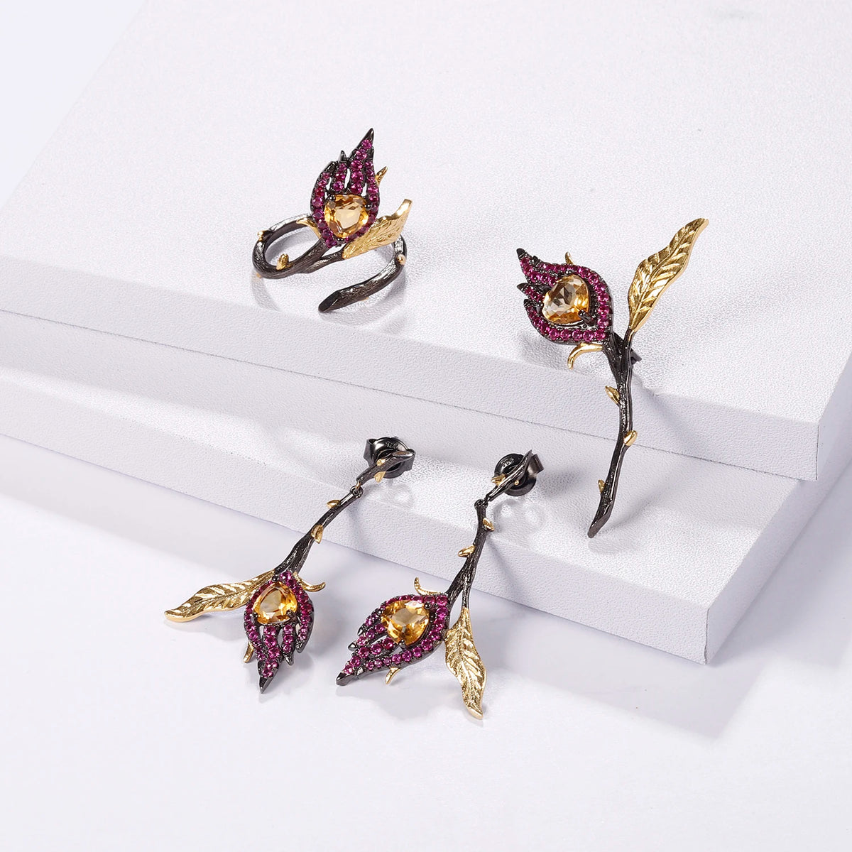 ArtistA Abiding Gold & Black Gun Plated Heart Inspired Natural Garnet Leaf Vine Branch Bud 925 Jewelry Set for Mother Day Anniversary