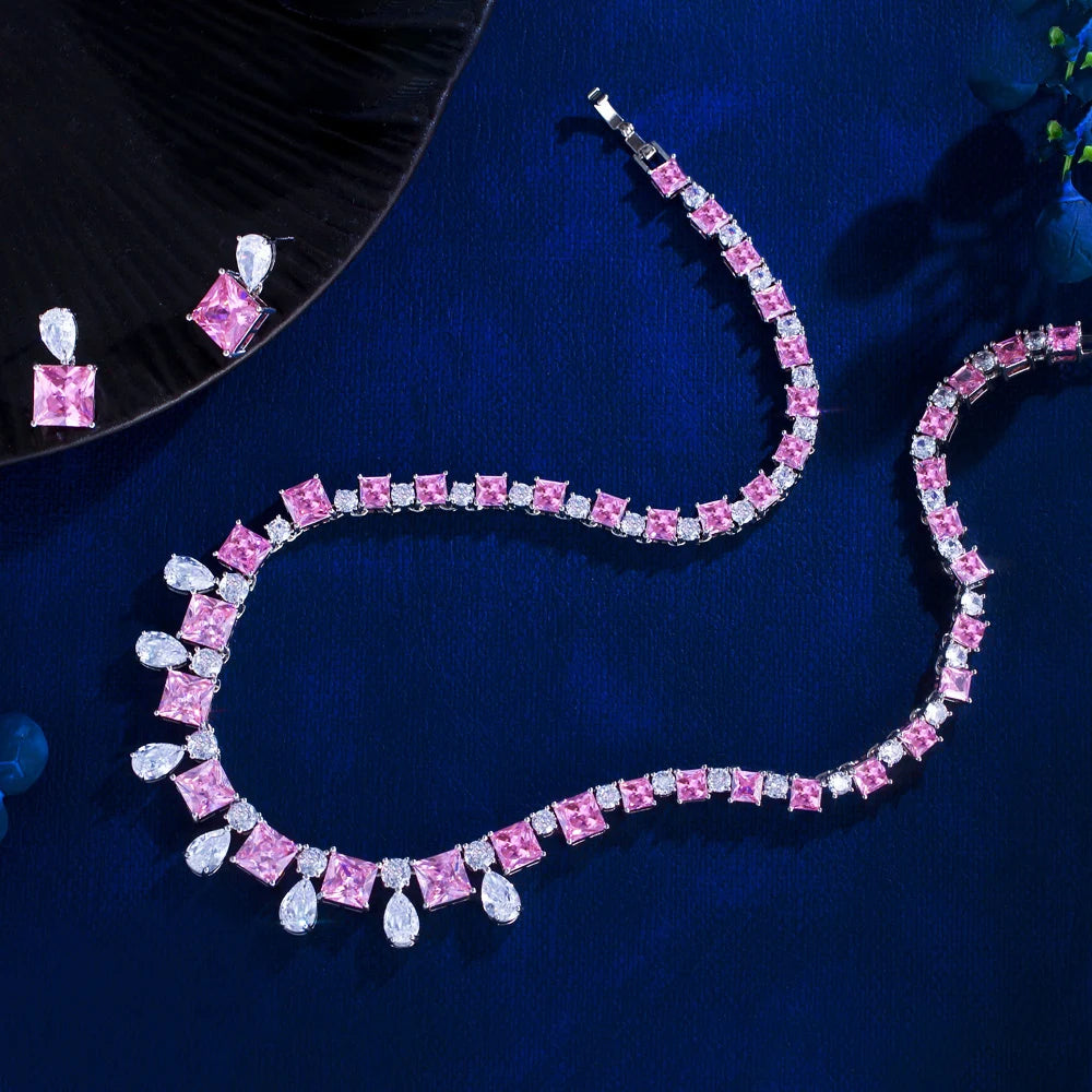 Romantic Pink and White Cubic Zircon Silver Plated Necklace Earring Women Wedding Jewelry Set for Engagement Jewellery Accessory
