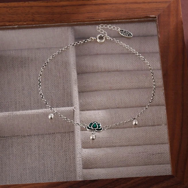 Blue Lotus Copper Anklet for Women with Vintage-Inspired Lotus Motif Party Literary Retro-Style Lucky Bead Anklet