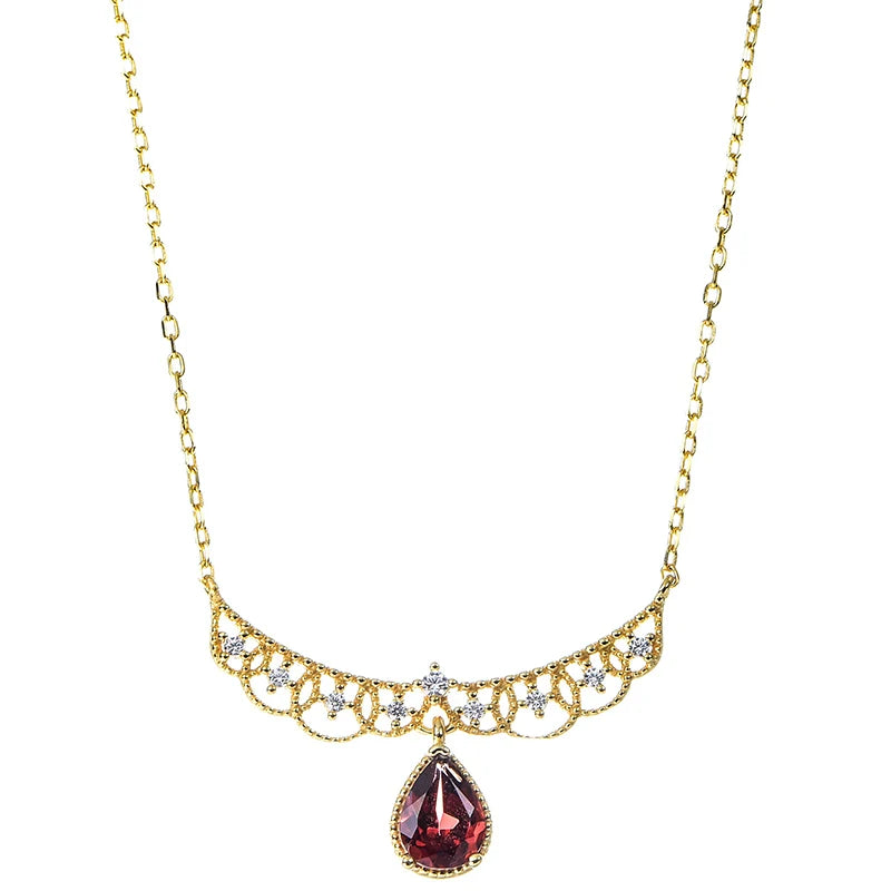 Gioiellieri Natural Garnet Pendant Necklace in 925 Sterling Silver 18K Gold Plated Luxury Jewelry for Anniversary & Party Gift