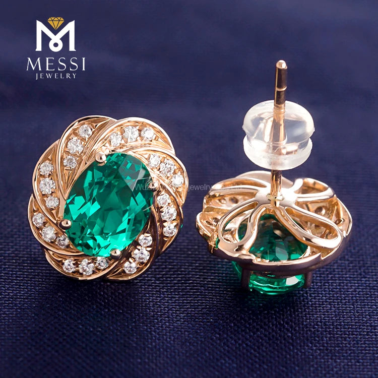 Gemfiori MS-199 Messi Jewelry Oval 14k 18k Gold 2 Carat Lab Created Emerald Earrings Jewellery for Women