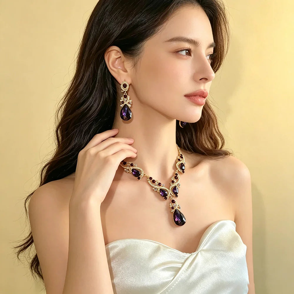 Luxury Princess-Cut Purple Zirconia Floral Teardrop Necklace & Drop Earrings Bridal Set — Gold Plated