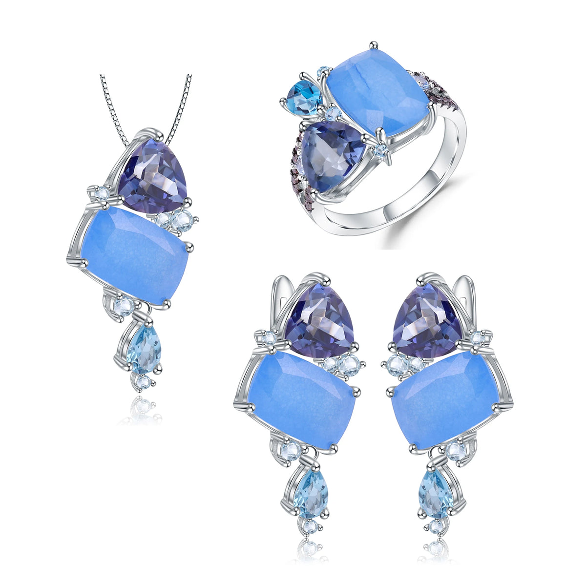 ArtistA Abiding OEM Custom Women Jewelry Natural Gemstone 925 Sterling Silver Aqua-Blue Chalcedony Blue Topaz Quartz Ring Earrings Set