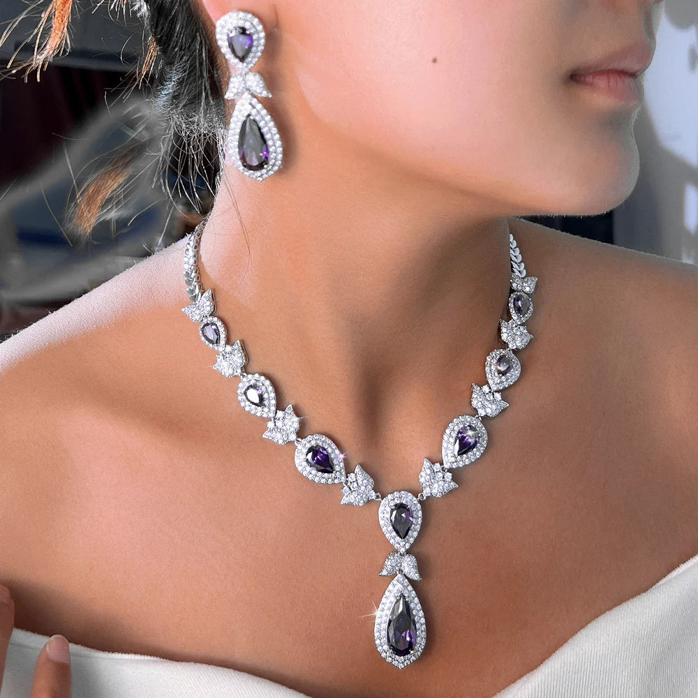 Gorgeous Purple White Cubic Zirconia Stone Luxury Big Long Water Drop Bridal Wedding Evening Party Jewelry Set for Women