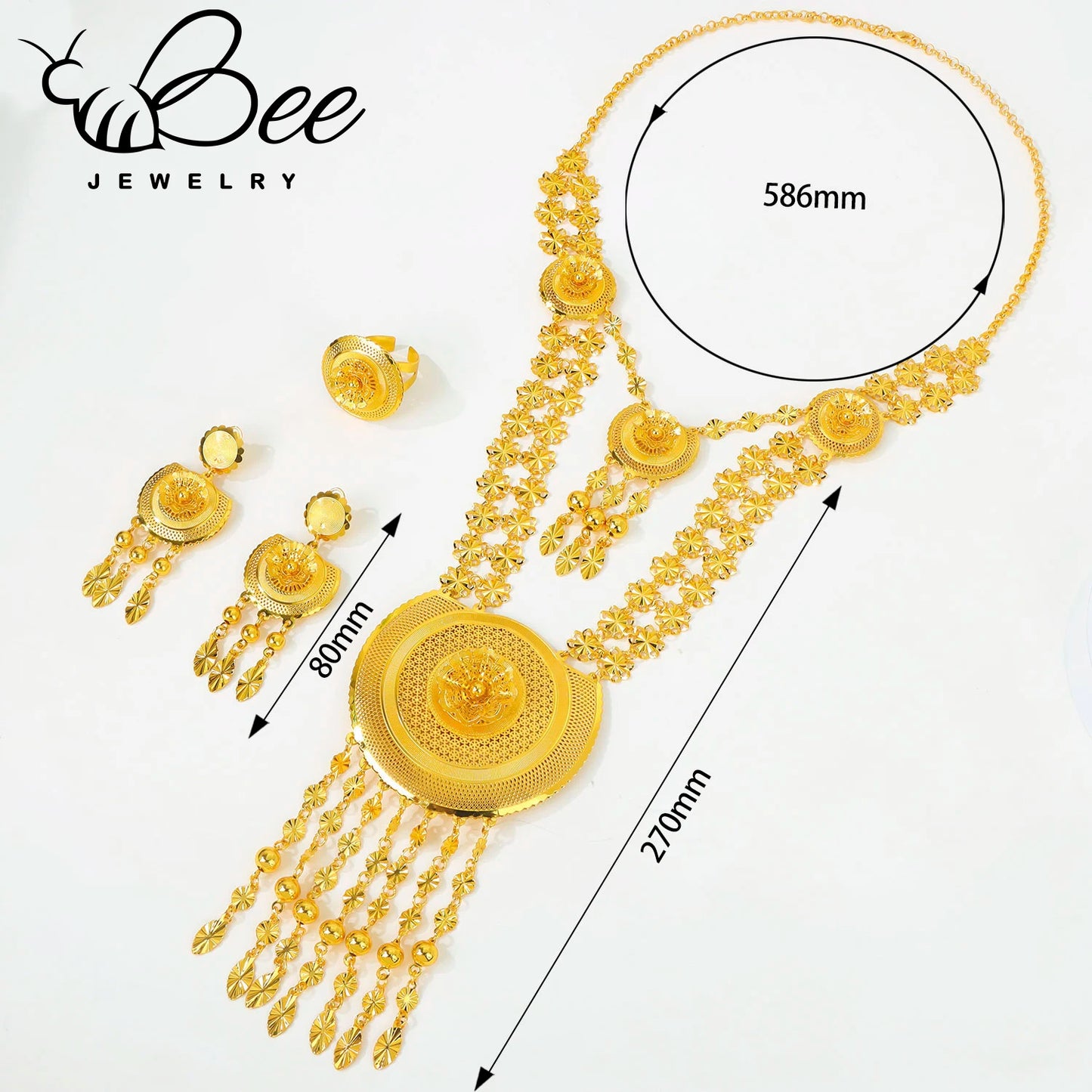 Luxury Traditional Indian 24k Gold Bridal Wedding Jewelry Set Gold Alloy Beads Long Necklace Earrings Jewelry For Evening Party