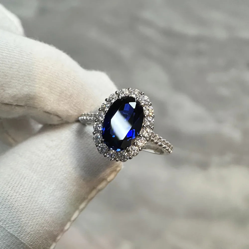 MuShan Jewelry Factory 4.4 Carat European and American Classic Artificial Sapphire 8 * 12 Oval 925 Sterling Silver Ring