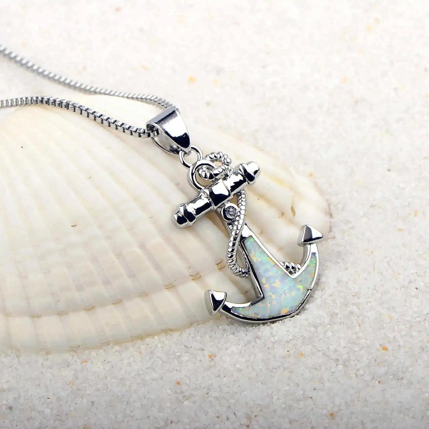 Fashionable Hawaiian Ocean Style Blue Opal Anchor Lariat Necklace Silver Plated Copper Alloy Link Chain