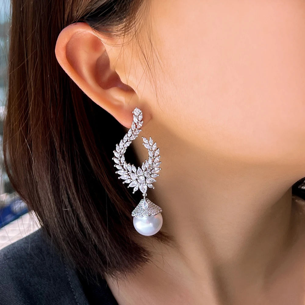 S&S White CZ & Pearl Bridal Long Dangle Drop Earrings – Marquise Cut – Rhodium Plated – Collection