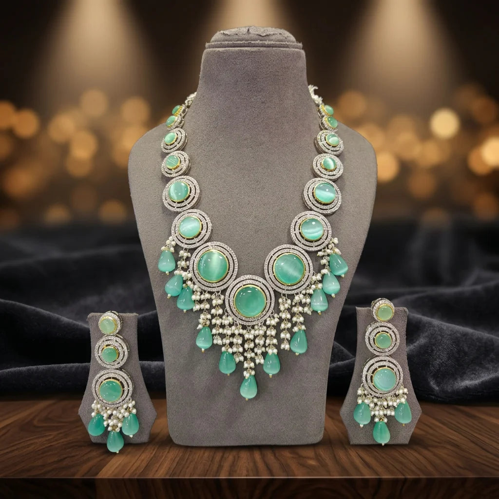 Luxury Aqua Stone Long Statement Necklace Set for Women Wedding Party Designer Ethnic Jewelry Gift Collection Premium Set