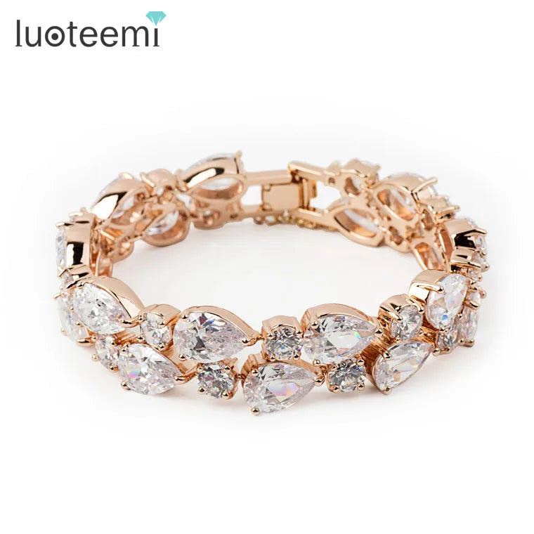 Gemfiori LUOTEEMI Mona Lisa CZ Bracelet 18K Rose/Champagne Gold Plated Multicolor Cubic Zirconia Women Bride Wedding Bangles