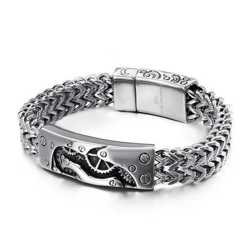 VIKING Mens Retro Buddhist Sutra Bracelet – Silver Stainless Steel