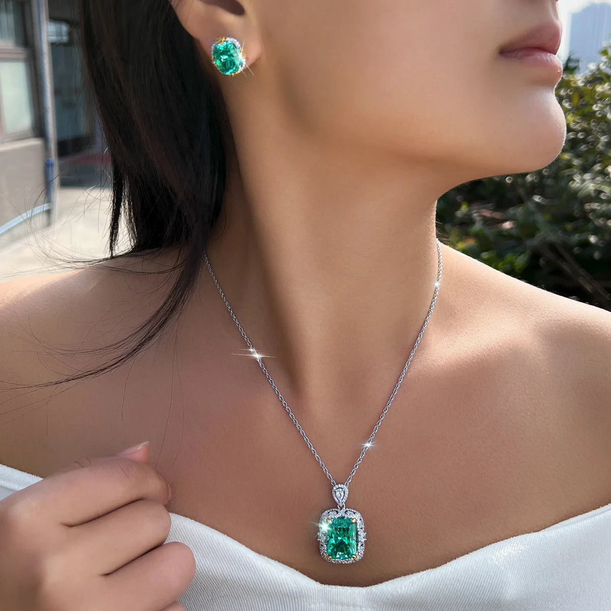 Big Green CZ Rhodium Plated Jewelry Set Princess Cut Cubic Zircon Pendant Necklace Stud Earrings Jewelry Set for Brides Wedding