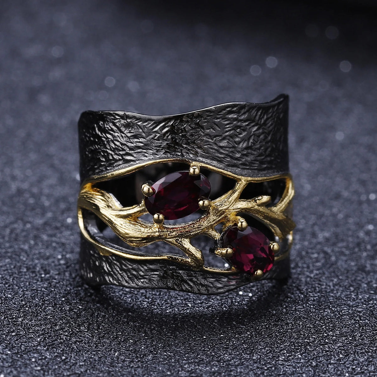 ArtistA Abiding 925 Sterling Silver Gold Plated & Black Gun Plated Handmade Flower Branch Natural Rhodolite Garnet Women Jewelry Set
