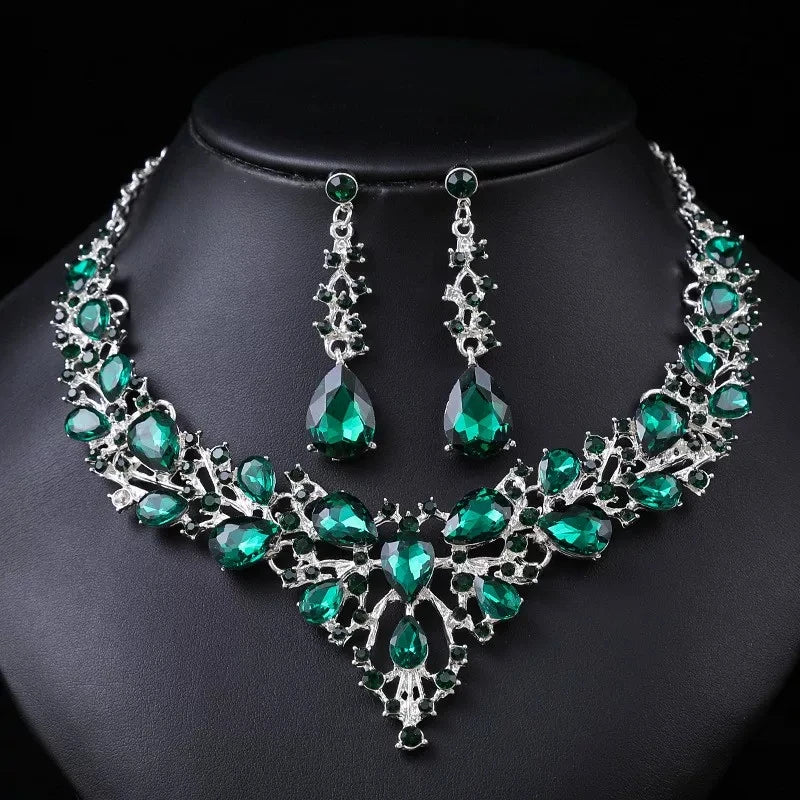 XM S393 Gold Plated Marquise Topaz Floral Necklace & Earrings Bridal Set