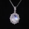 ArtistA Abiding 925 Sterling Silver White Cz Halo Oval Cut 8X10mm Milky Blue Moonstone Cluster Flower Ring Necklace Pendant Jewelry Set