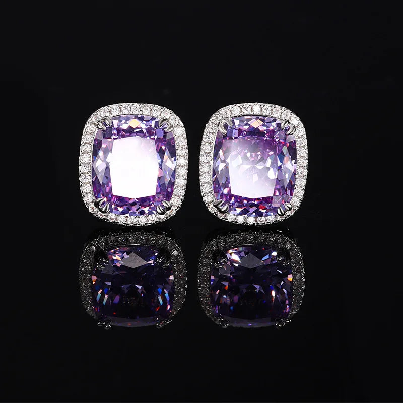 Gemfiori New Versatile Purple Zircon Temperament Pendant Set with Niche Design Ice Flower Princess square Earrings