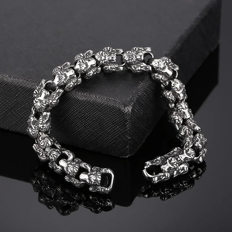 VIKING Mens Punk Lion Head Stainless Steel Link Bracelet – Silver