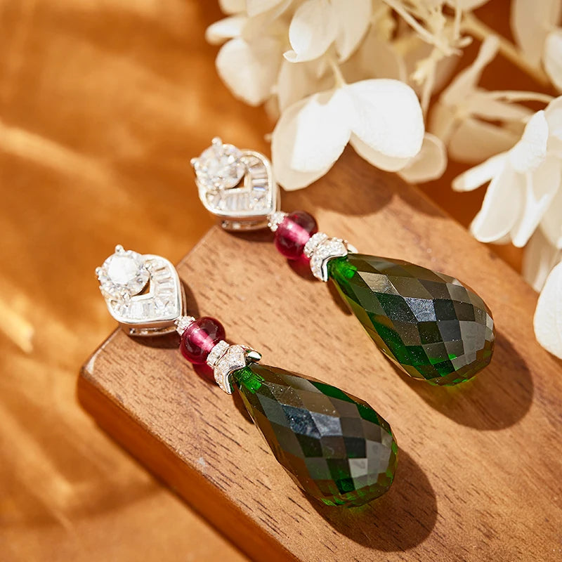 Brass Pear Shaped Green Treasure Necklace Earring Set, Luxurious High-end Women's Evening Dress, Suitable for Weddings or Gifts