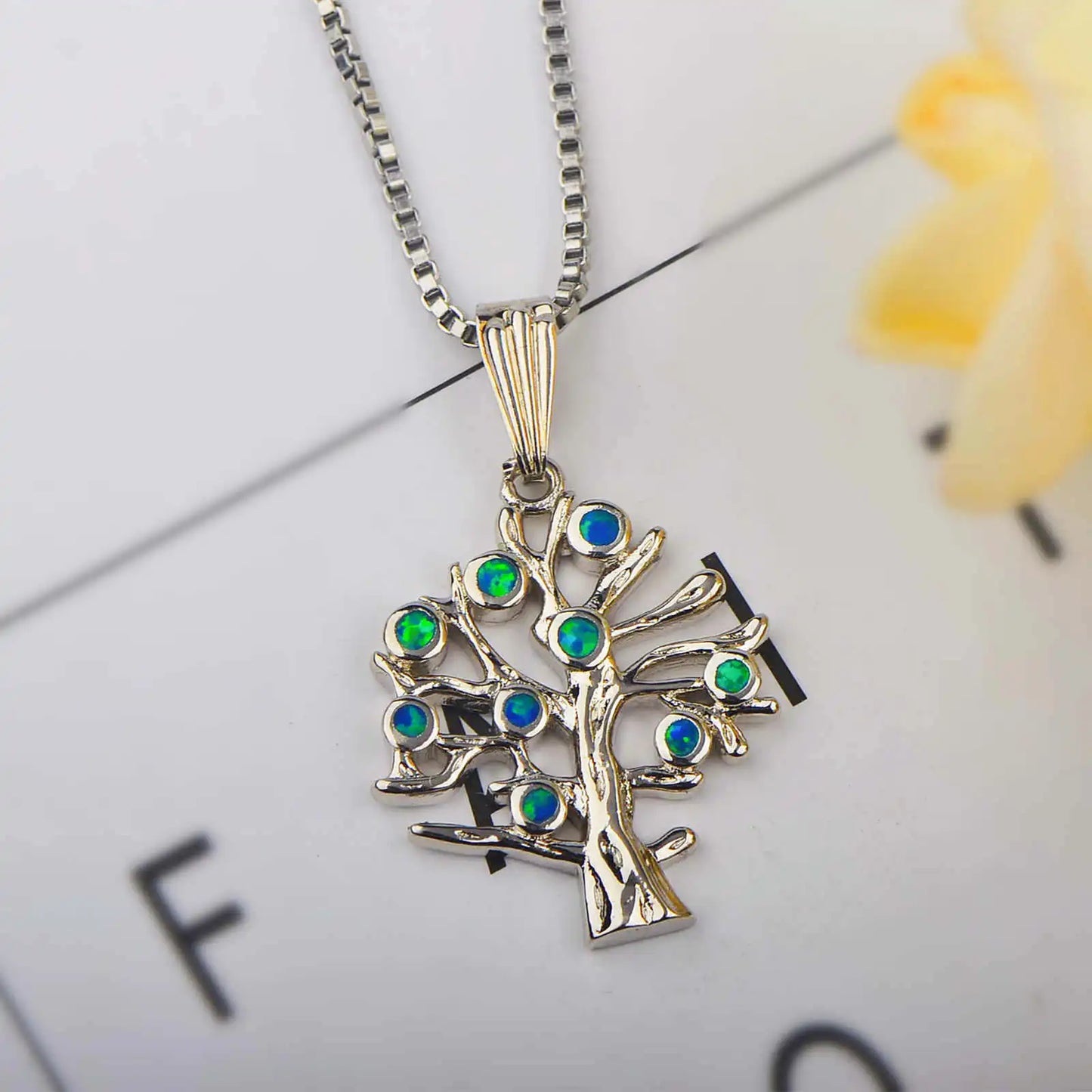Copper Opal Tree Life Blue Tiny Pendant Flower Sweater Chain Women's Gift Silver Plated TikTok Ins Trendy Jewelry