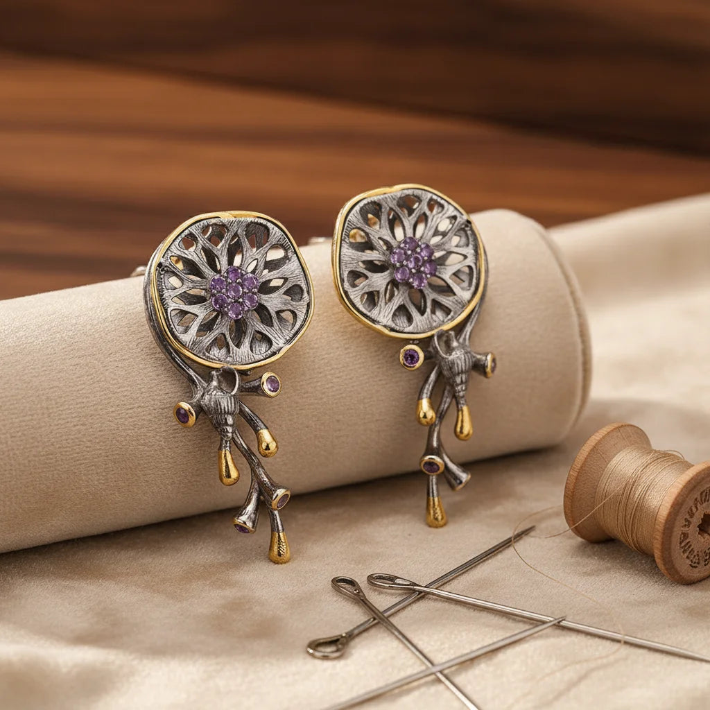 Latest Saudi Gold Amethyst 925 Sterling Silver Ladies Earrings with Gold Plated